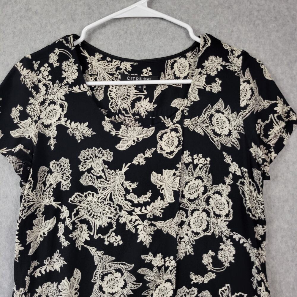 Citron Santa Monica Black Floral SS Faux Wrap Midi Shift Dress Medium Pockets - Picture 3 of 12